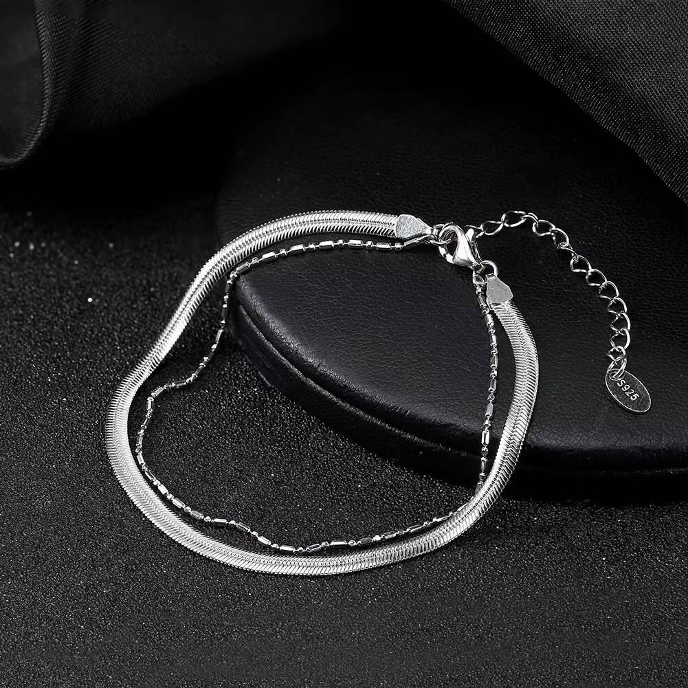 SB195 RINNTIN Solid 925 Sterling Silver Italian Flexible Flat Herringbone Chain Bead Bar Chain Adjustable Layered Bracelet