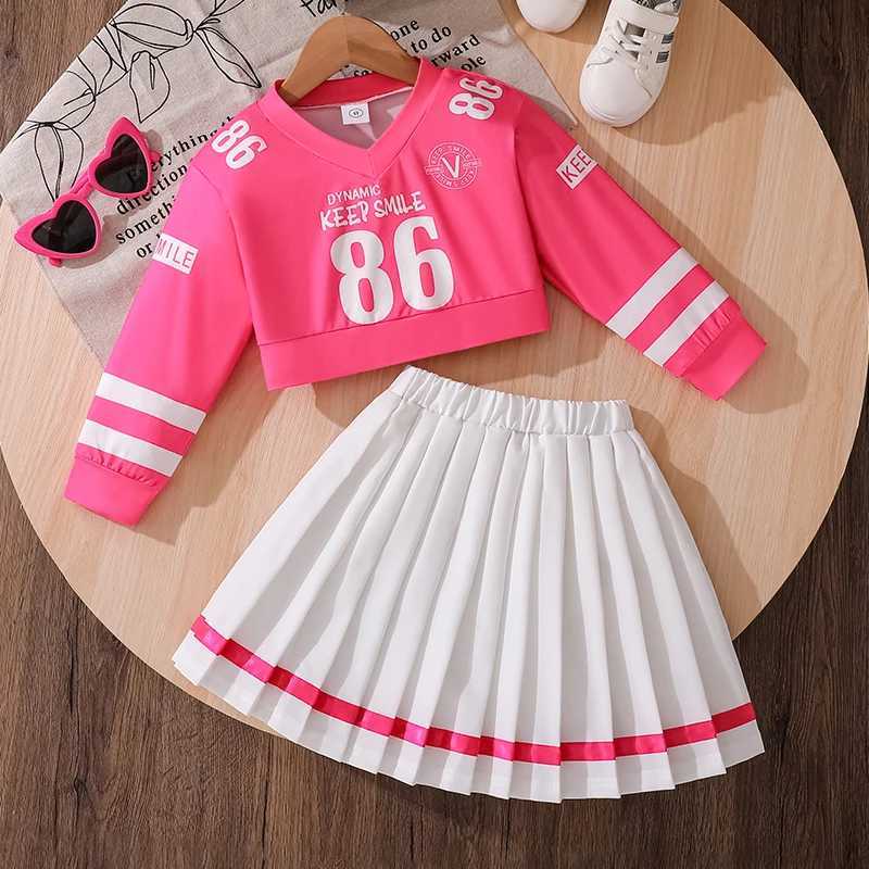 Spring Summer VNeck Letter Print Short Sweater Elastic Waist Pleated Overskirt Suit for 47 Year Old Girls Sweet Lovely Outfit L250926SYN6
