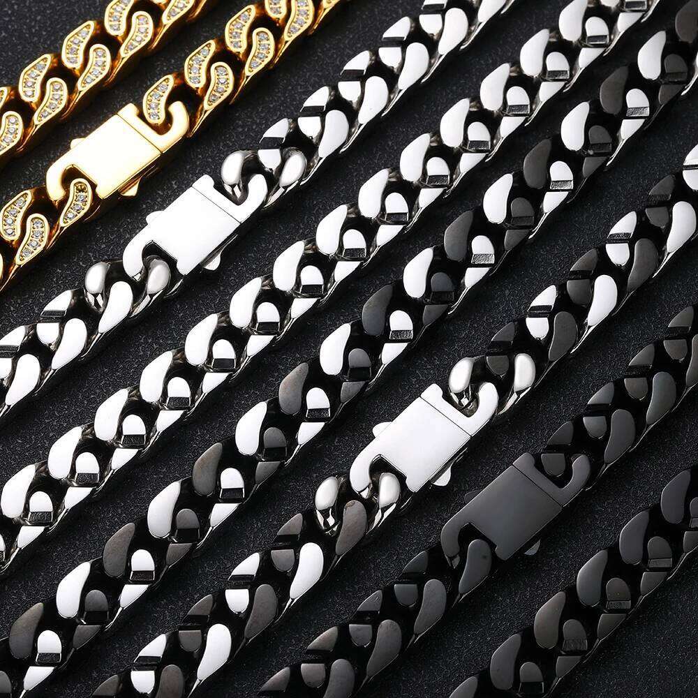 Cuban Link Chains For Men Gold Plating Stainless Steel Women Bling Dia Chain Chunky Necklace 12mm 16 to 26 Inches