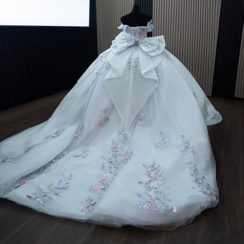 Sky Blue Shiny Quinceanera Dresses Off The Shoulder Sequin Applique Lace Beads Bow Corset Tull Party Birthday Sweet 16 Dress Vestidos 15 De Anos