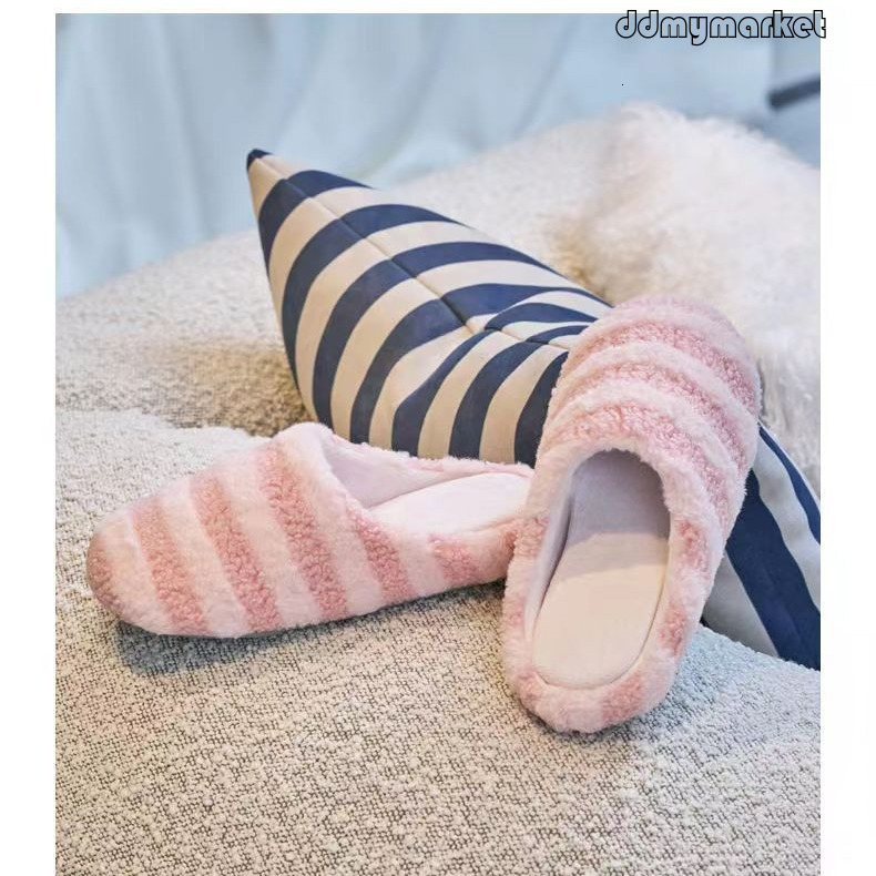 Striped Teddy Velvet Anti-Collapse Memory Foam Injection Women's Cotton Slippers ddmymarket