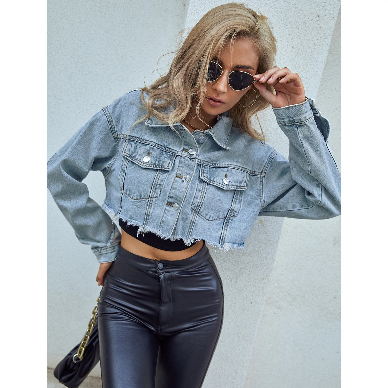 Denim Coat Turn Down Collar Women Jackets Long Sleeve Short Coats Solid Single Breasted Casual Hole Pockets Lady 250811m