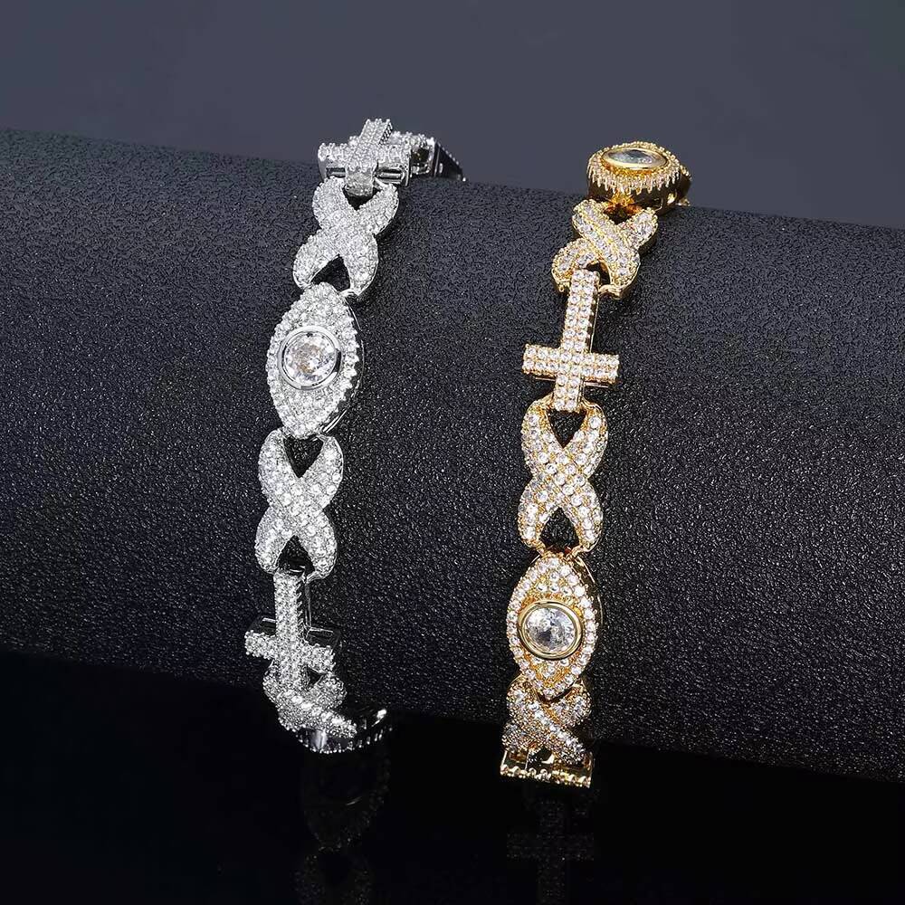 NUOYA New Style Iced Out Jewelry Inlaid Shiny Zircon Cross With Diamond Eyes Link Chain Gold Silver Hip Hop Cuban Chain Necklace