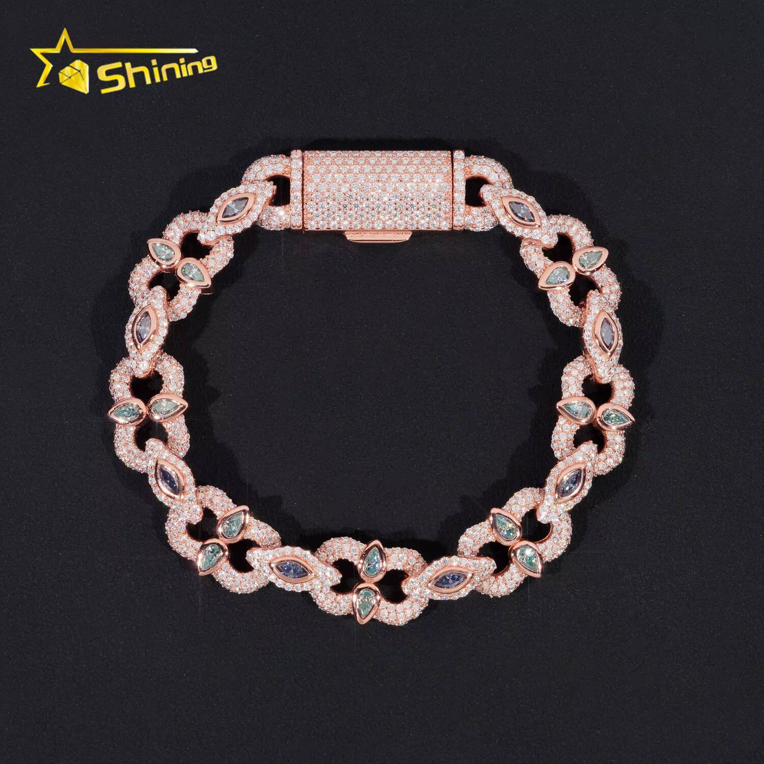 Hot Sale Hip Hop Blue Green Colored Marquise 925 Sterling Silver VVS Moissanite Iced Out Bracelet Men Women