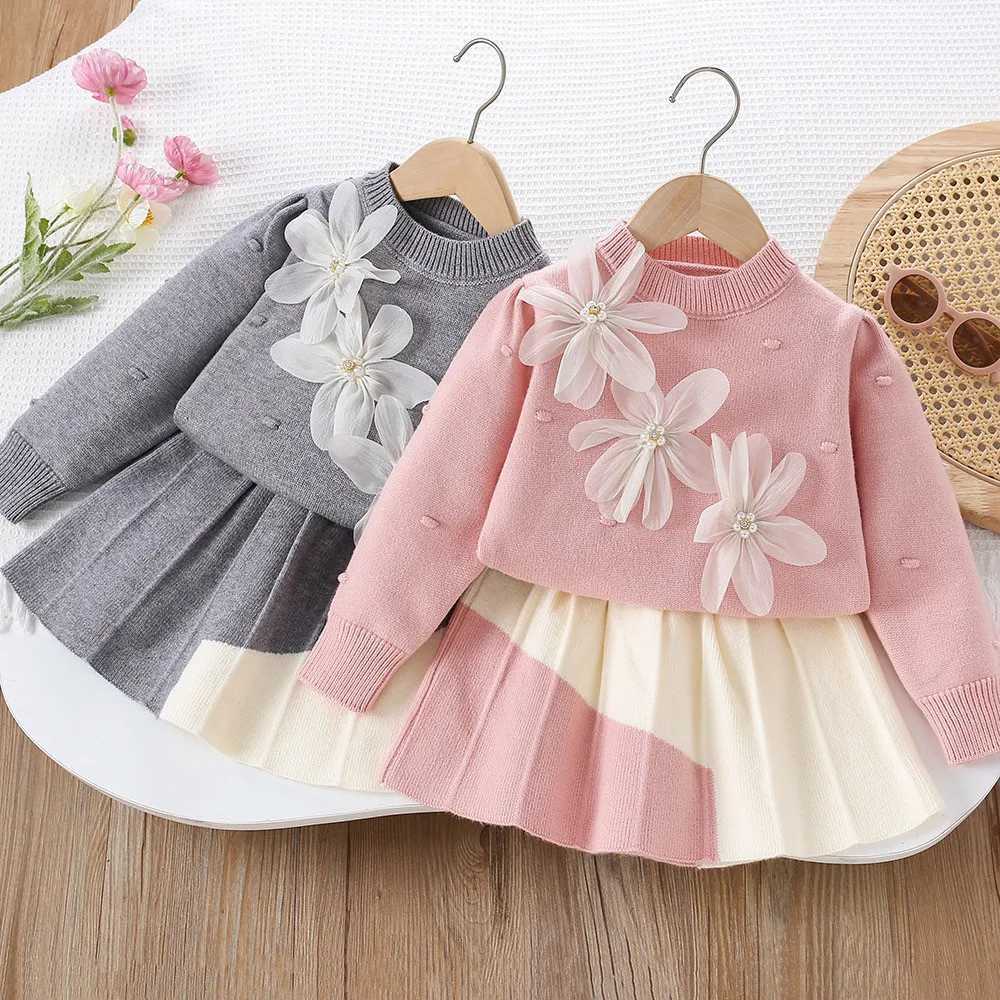 Girls Sweater Set AutumnWinter New Childrens Flower Solid Color Knitted TopShort Skirt Two Piece Set L2509263TK1
