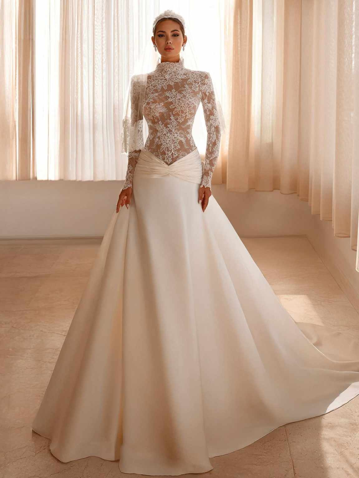 Charming Lace Wedding Dress Long Sleeves High Neck Flowy Satin A Line Bridal Gown Women Prom Party Wear Customzied