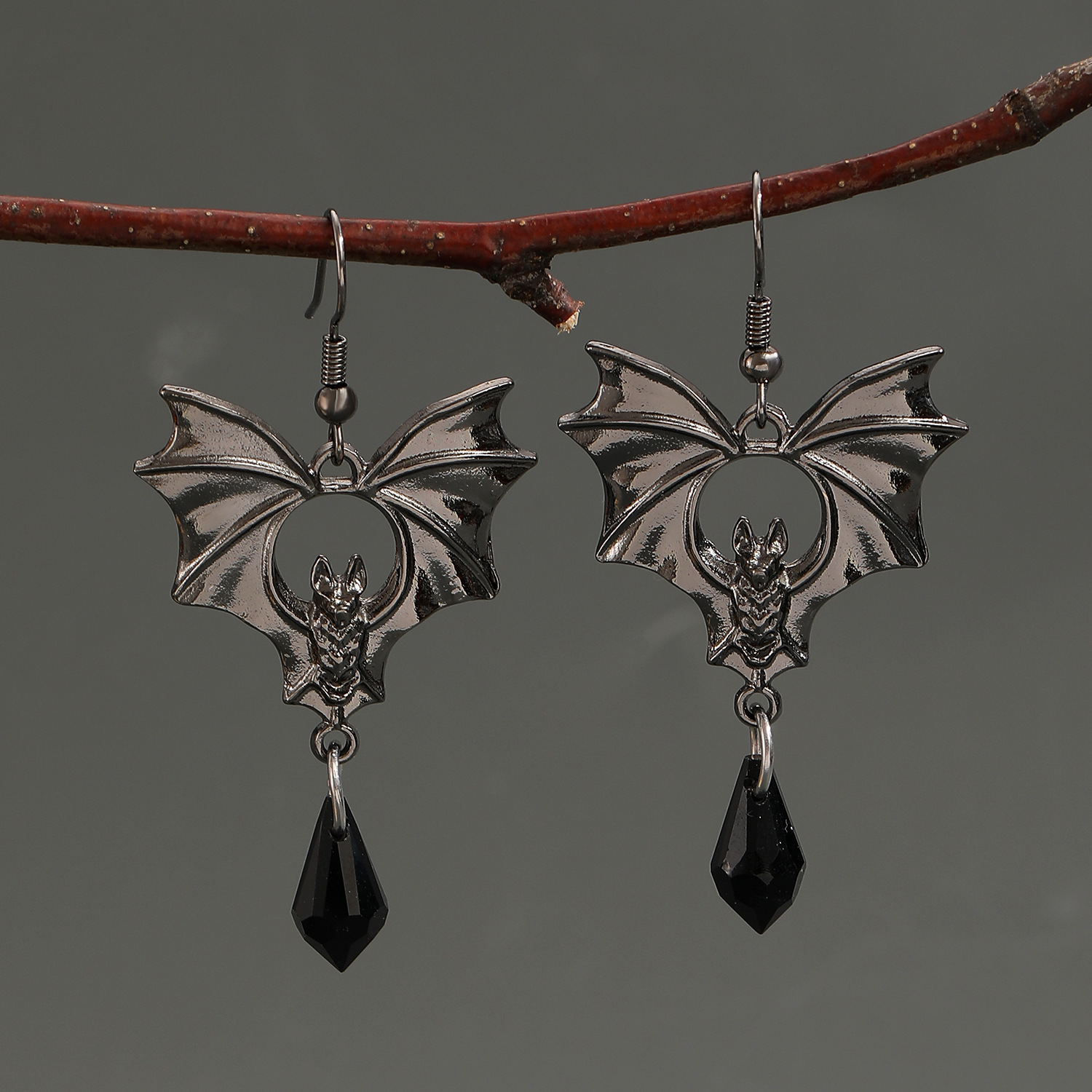Dark Gothic Style Black Bat Red Crystal For Women Halloween Earrings