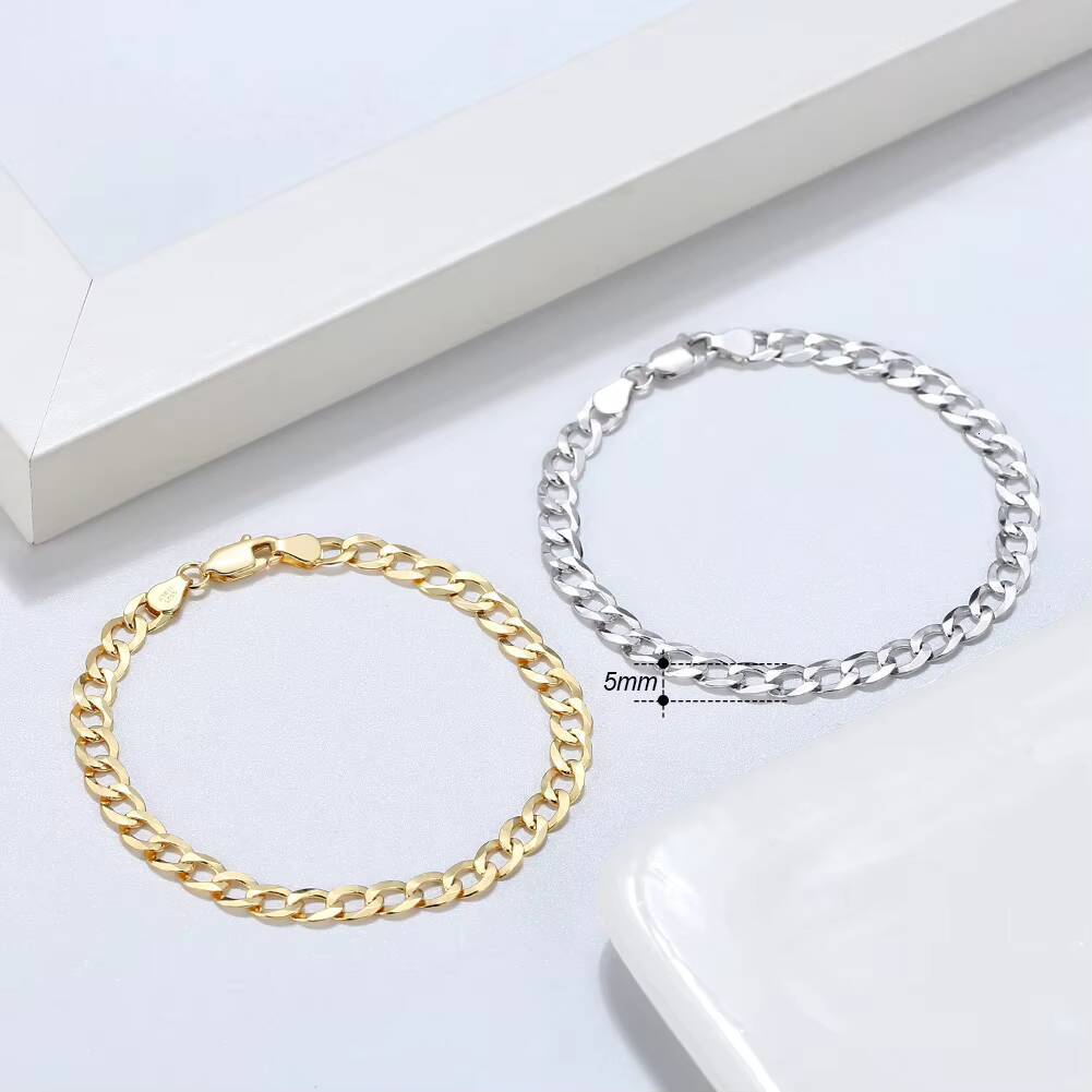 RINNTIN SB123 Handmade Italian 925 Sterling Silver 18K Gold 3mm 5mm DiamondCut Cuban Link Curb Chain Bracelet for Men Women