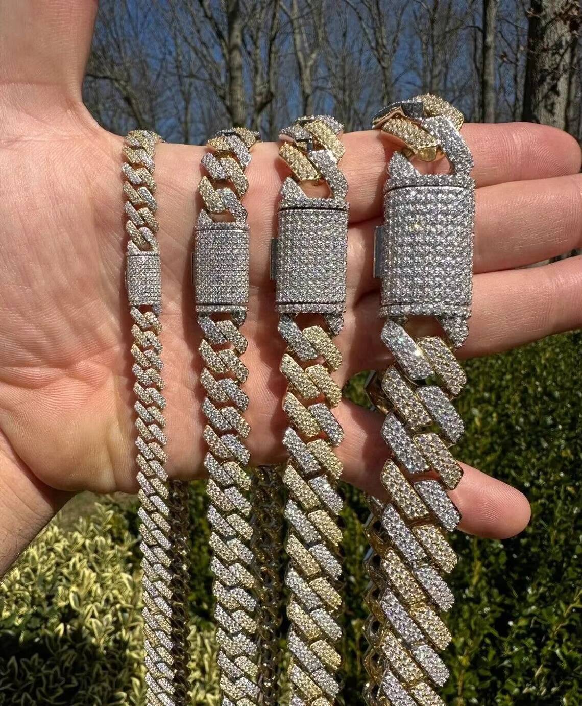 Two Tone Rapper Style Hip Hop Necklace S925 8mm 12mm 16mm Moissanite Diamond 2 Row Prong Setting Miami Cuban Link Chain