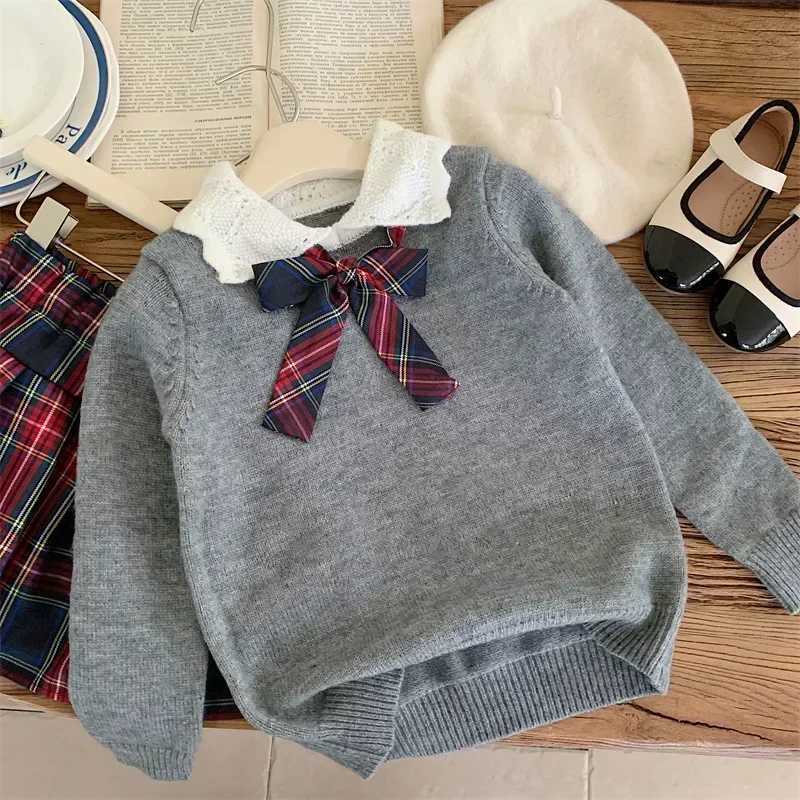 2025 Kids Boutique Clothes Girls Gray Sweater Plaid Skirt 2Piece Set Kawaii Knitwear Baby Girl Outfit L250926G56D