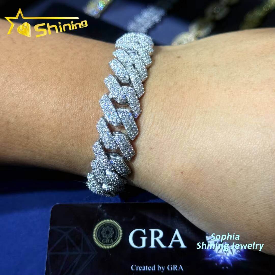 Luxury Bling Fine Jewelry S925 Sterling Silver Hip Hop Iced Out Vvs Lab Diamond Moissanite Cuban Link Bracelet