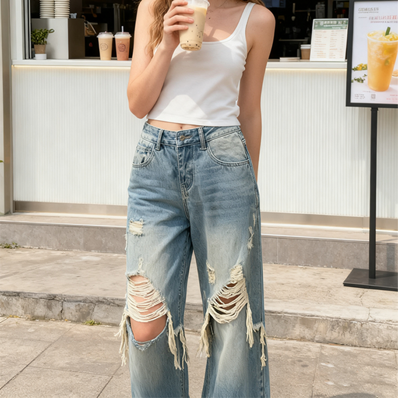 Women's Jeans Women's Retro Distressed Denim Wide-Leg Floor-Length Pants High-Waisted Slimming Ripped Washed Loose Straight-Leg Jeans Trouse