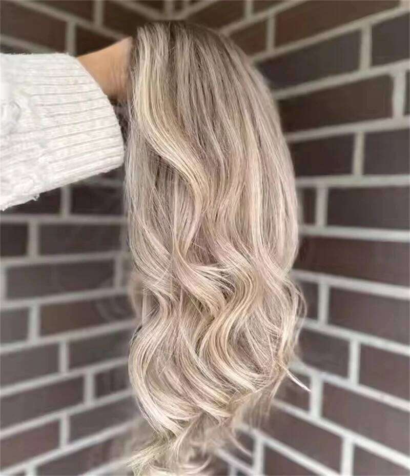 Invisible Transparent Ombre Platinum Blonde with Dark Roots Party Lace Front Wig Synthetic HD Wigs For Women 20''