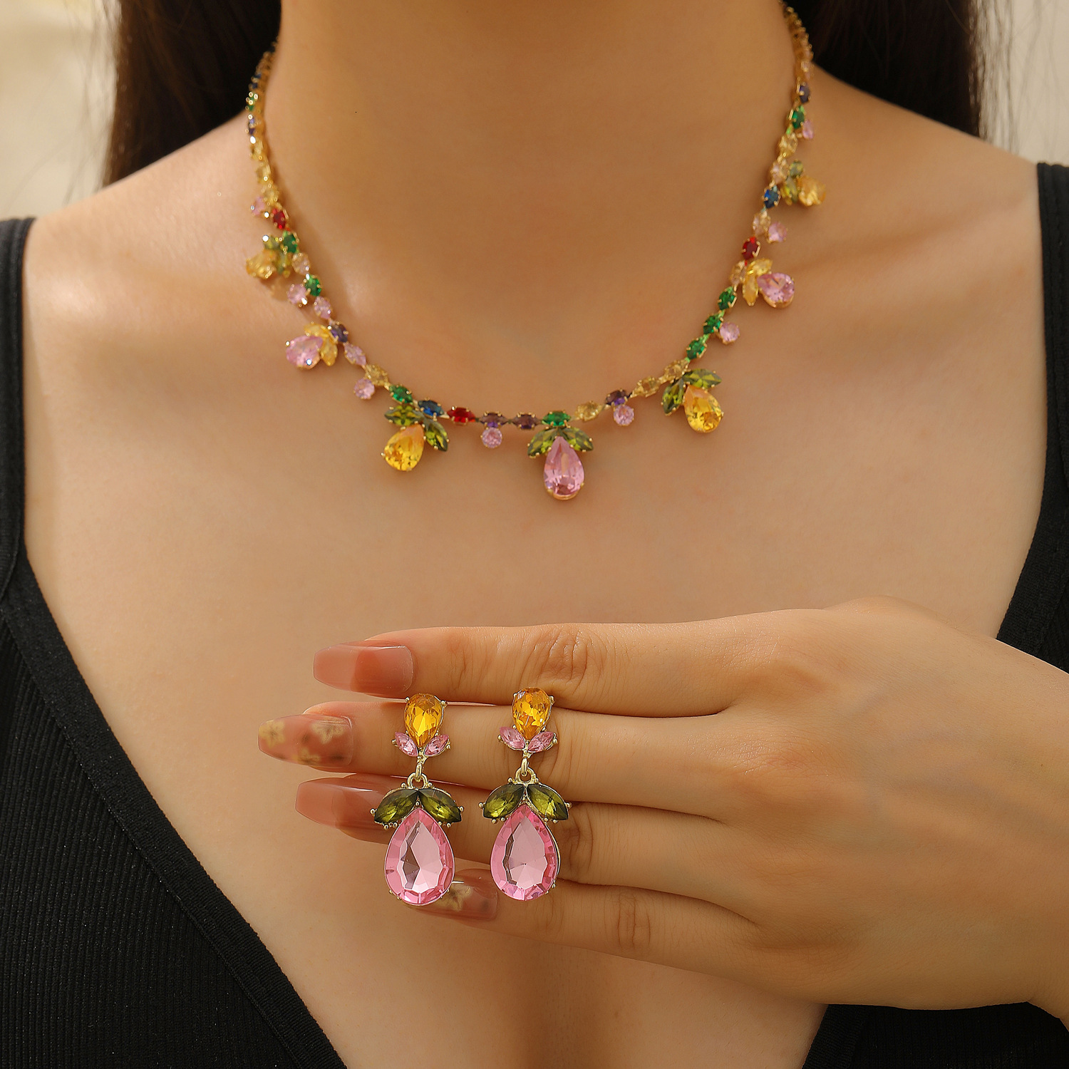 Colorful Zircon Water Drop Leaf Necklace Heavy Craft High-End Clavicle Chain Fashion Evening Dress Jewelry Set For Women