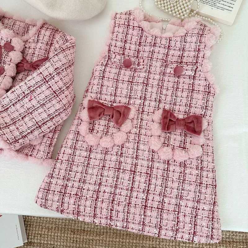 Girls Little Fragrance Plus Cotton Thickened Bow Coat Sundress Twopiece Set Girl Clothes Girls Suit 2025 Winter L250926C327