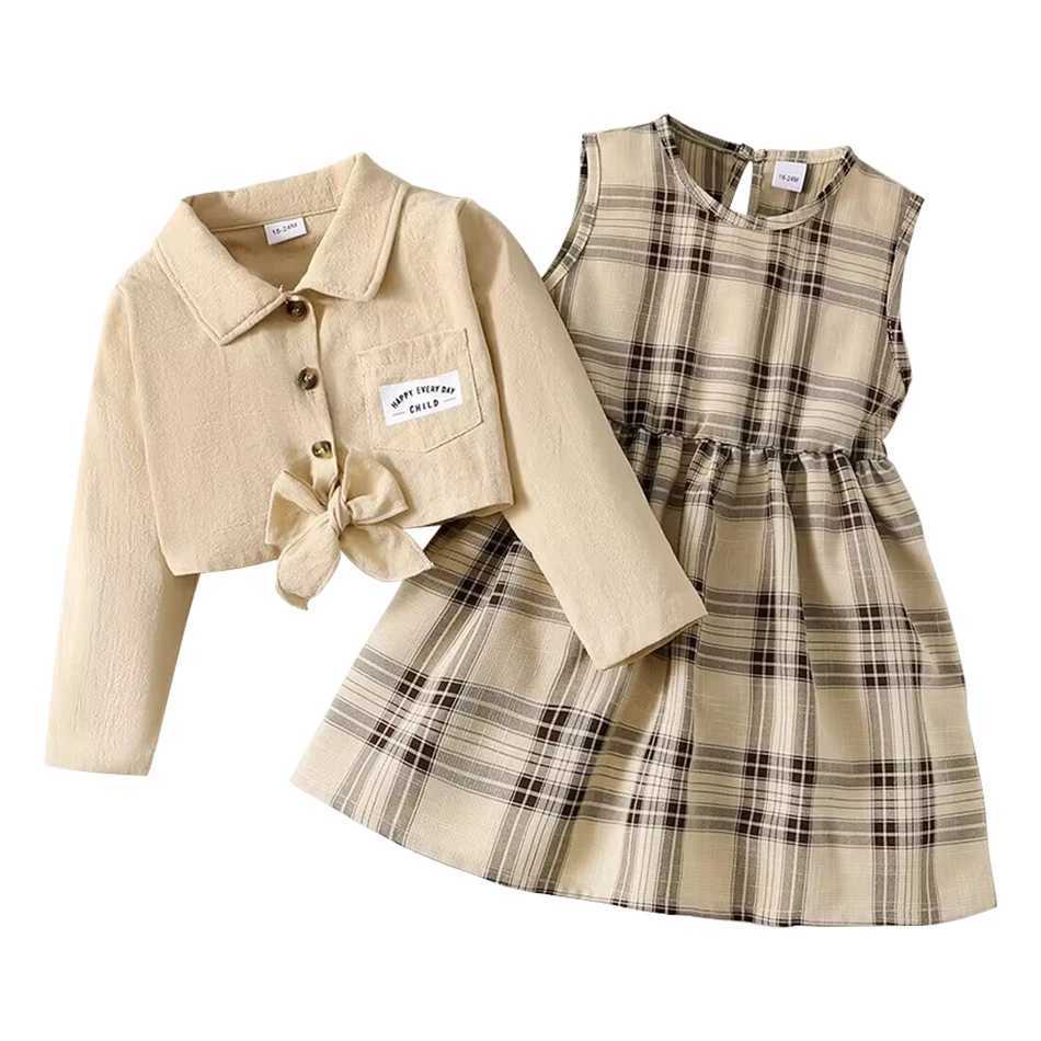 Spring and Autumn MustHave for Girls AlmondColored Jacket with Grid Long Skirt Dress Perfect TwoPiece Set Children Sets L250926TV0W