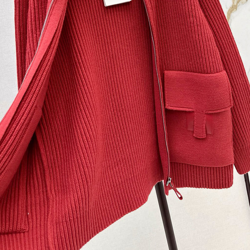 Retro Y2K Designer Luxury Women's Dual Pocket Wool Knit Coat Trendy Simple Drop Shoulder Long Sleeve Zip Up Red Dark Khaki Paris Runway Warm Chic