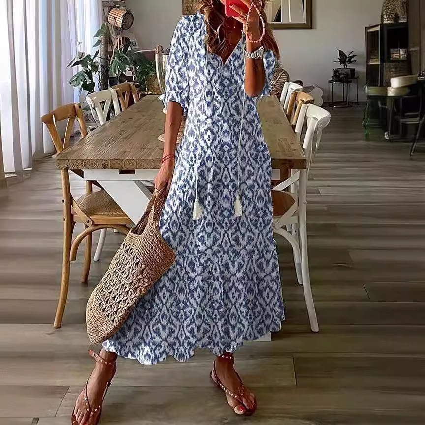 Casual, sweet, loose V-neck printed beard-style mid-length long dress for women with sleeves