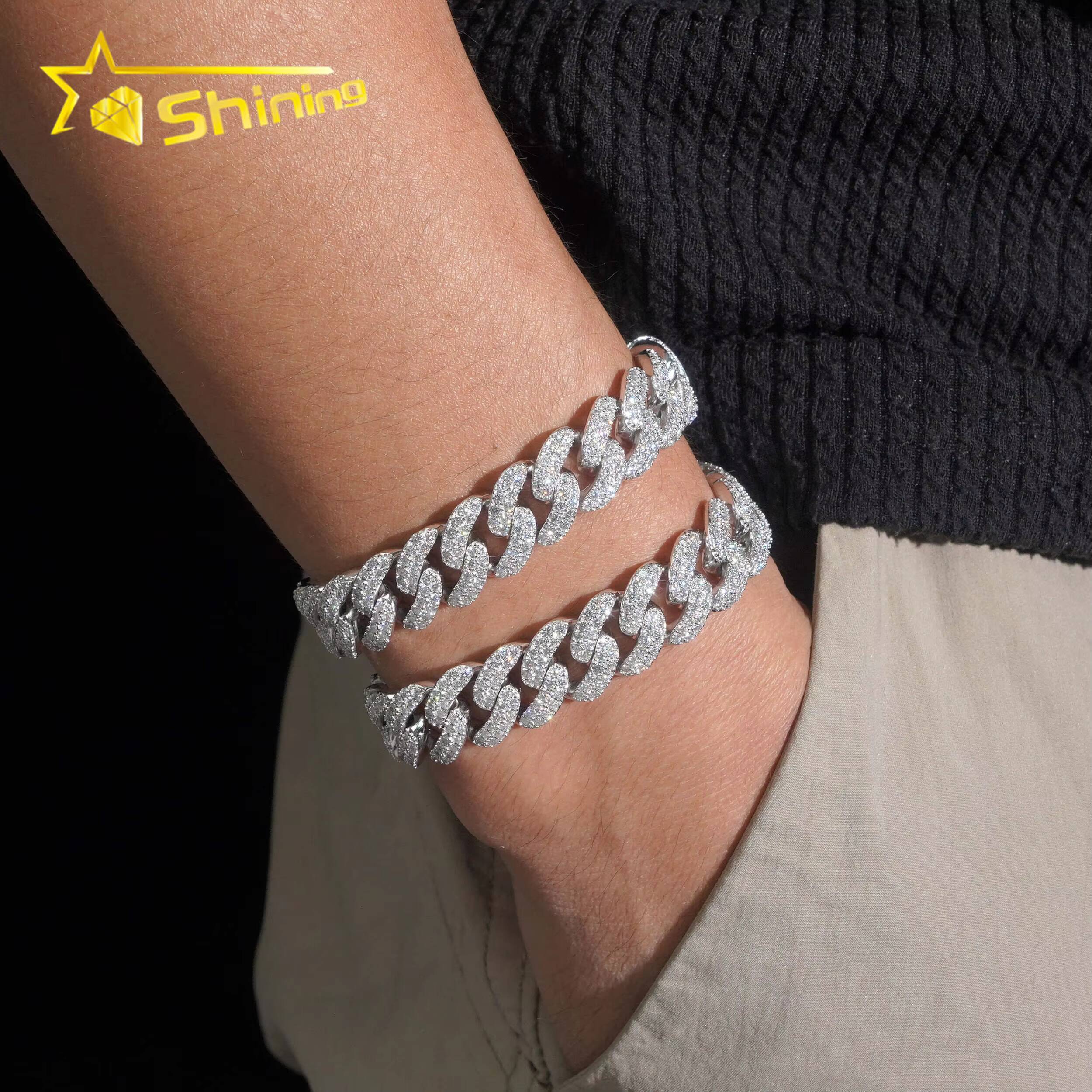 Hip Hop 12mm 2 Rows VVS Iced Out Moissanite Cuban Link Bracelet Custom High Quality 925 Silver Bracelet for Men Women