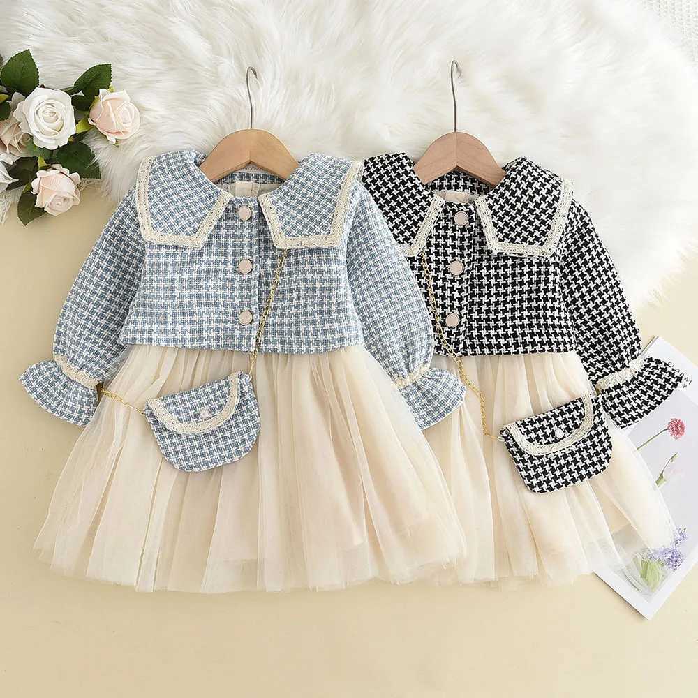 Girls 3Piece Thousand Bird Check Set Big Lapel Coat Waistcoat Skirt Satchel Classic Kids Ensemble L250926ULVZ