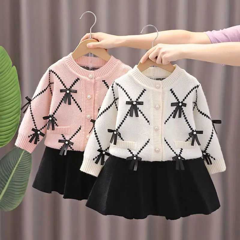 Girls Sweater Set for AutumnWinter 2025 New Childrens Bow Knitted Round Neck CardiganSkirt 2piece Set L250926BT6U