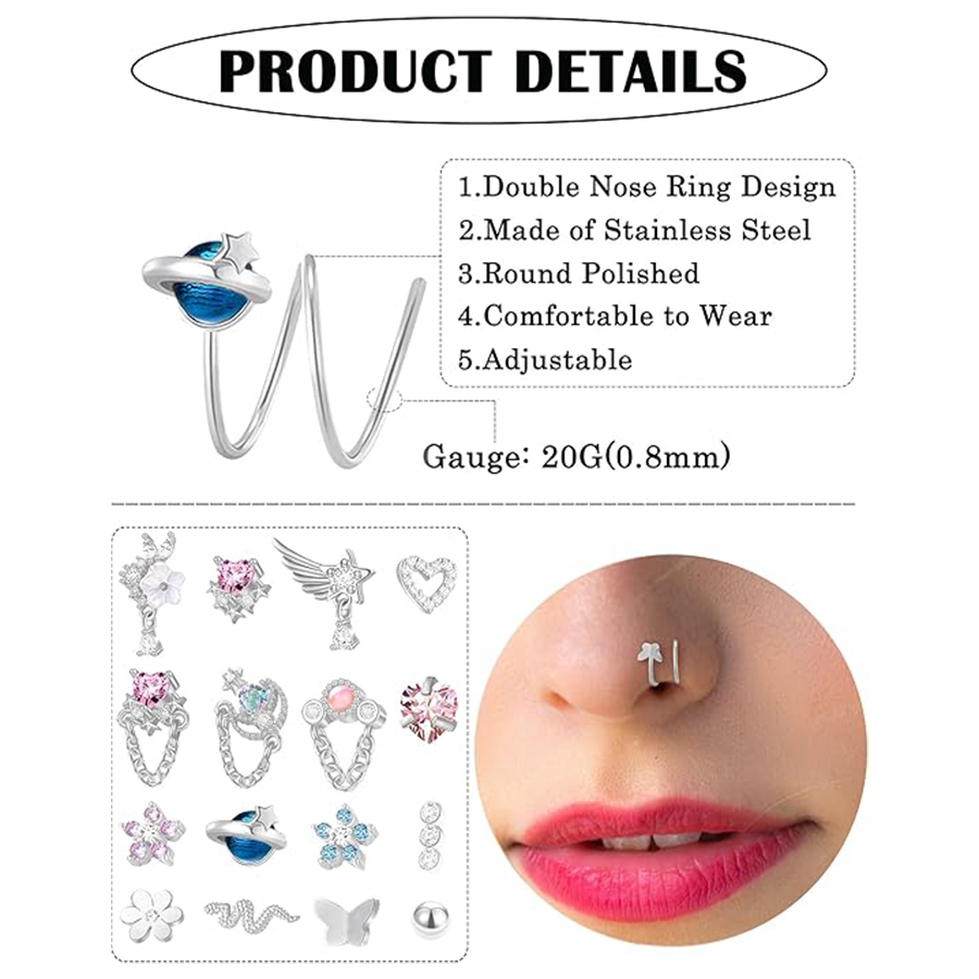 16PCS Nose Ring Hoop Stainless Steel Dangle Spiral Nose Rings Snake Flower Butterfly Wings Heart Ball Twist Earring Hoops Body Piercing Jewelry Silver
