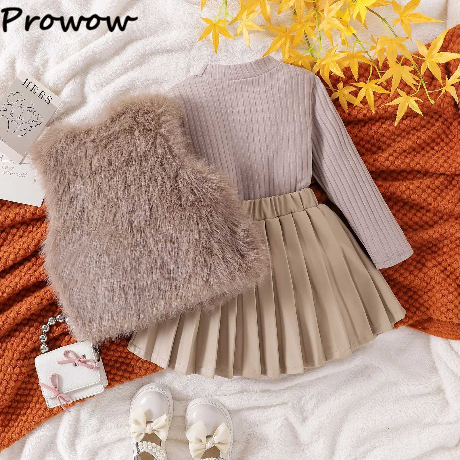 Kids Winter Clothes Elegant Sets For Girls 3pcs Bow Fluffy Warm WaistcoatKnitted TopPU Leather Skirts Children Outfits Sets L250926FYMR
