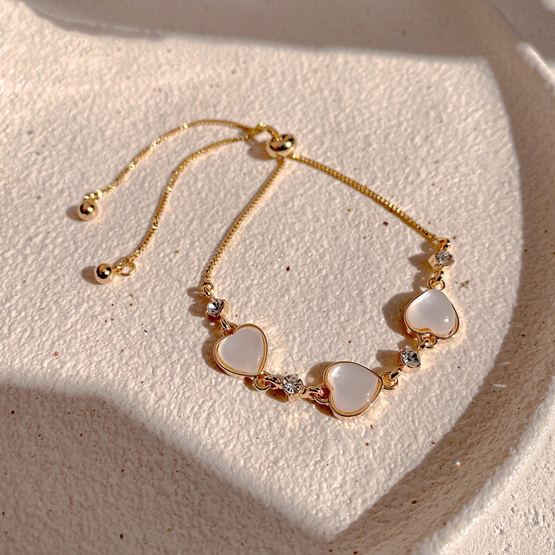 Gold - Toned Heart - Shaped Cat's Eye Stone Bracelet With Crystal Accents And Adjustable Tassel Chain Delicate Daily & Romantic Jewelry Gift For 