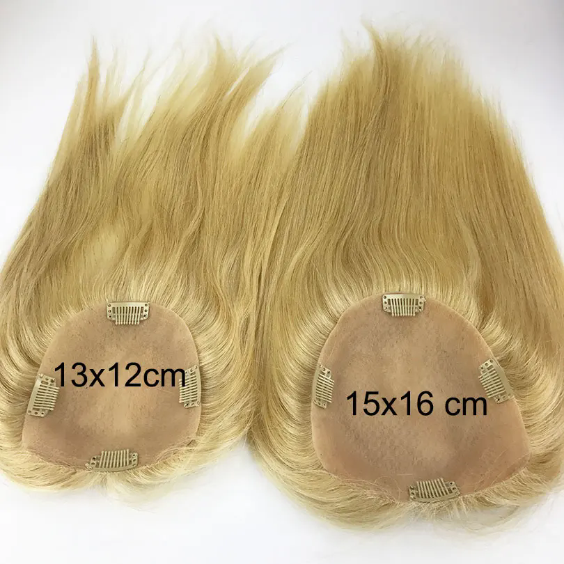 Short #613 Light Blonde Human Hair Topper with Clips in Hairpiece Skin Scalp Silk Top Closure Virgin Hair piece for Women with thinning hair cover gra