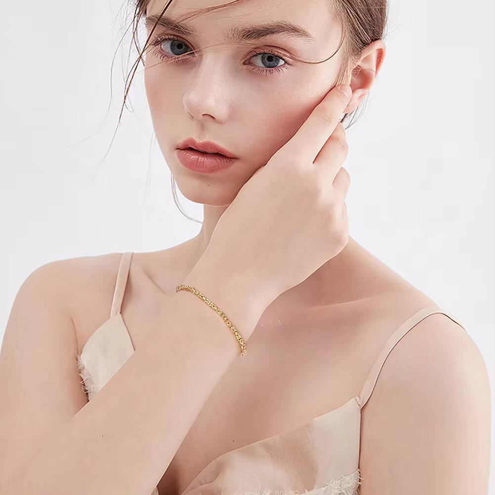 RINNTIN BSB122 Handmade Italian 925 Sterling Silver 18K Gold 25mm Flat Byzantine Link Chain Bracelet for Women Men