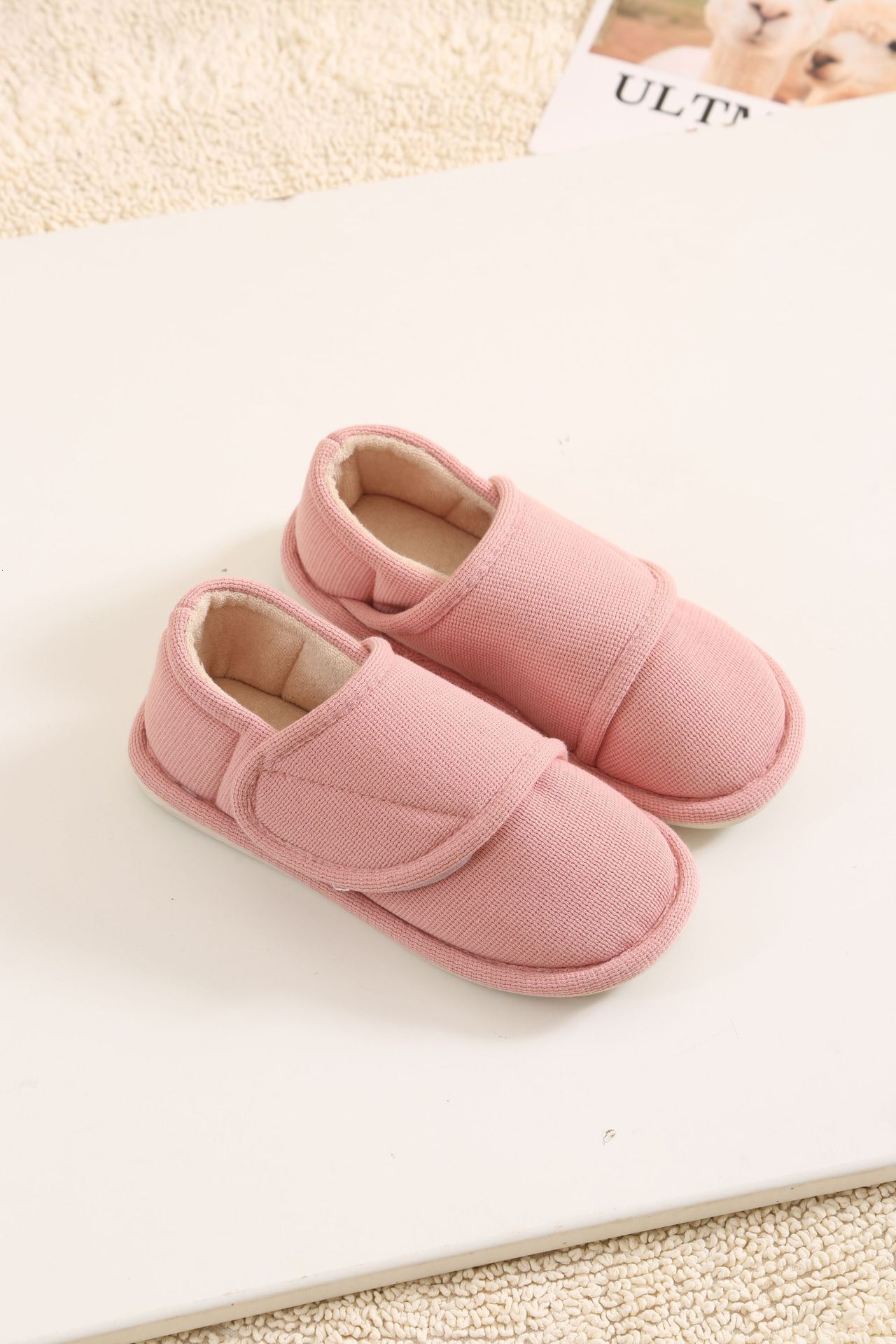 Four-Section Non-Slip TPR Rubber Grain Round Toe Flat Heel Sewing Cotton Slippers Hook and Loop Maternity Shoes ddmymarket