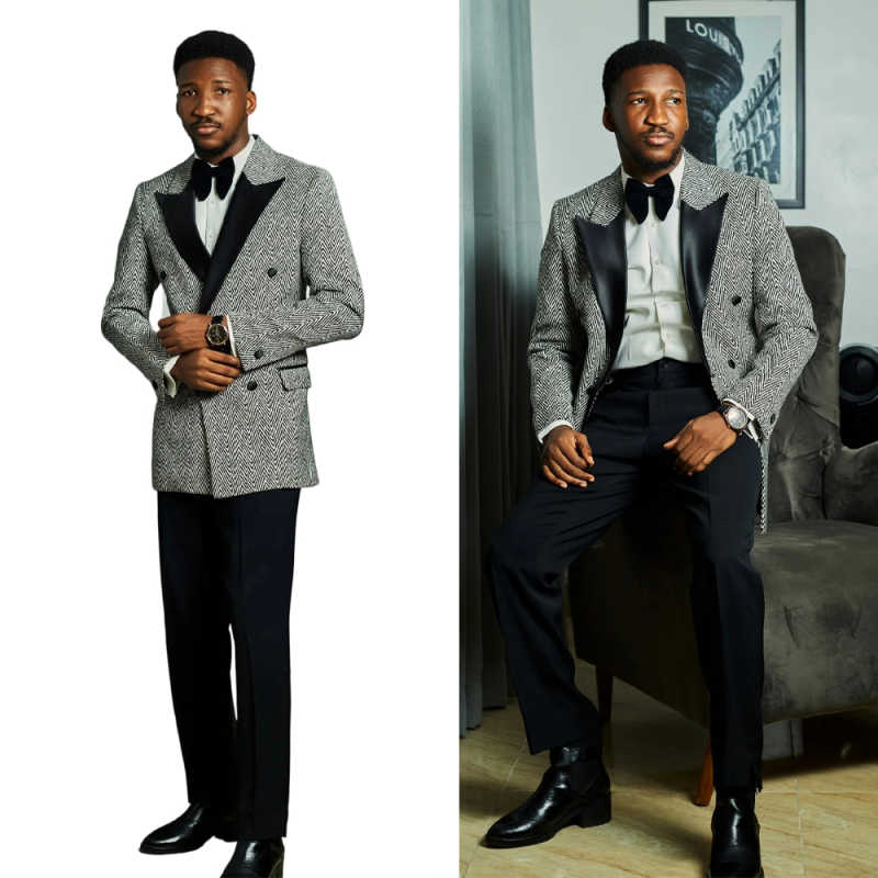 Fashion Men's Herringbone Double Breasted Peaked Jacket Blazer Slim Fit Wedding Tuxedos Formal Business Occasion Custom Made