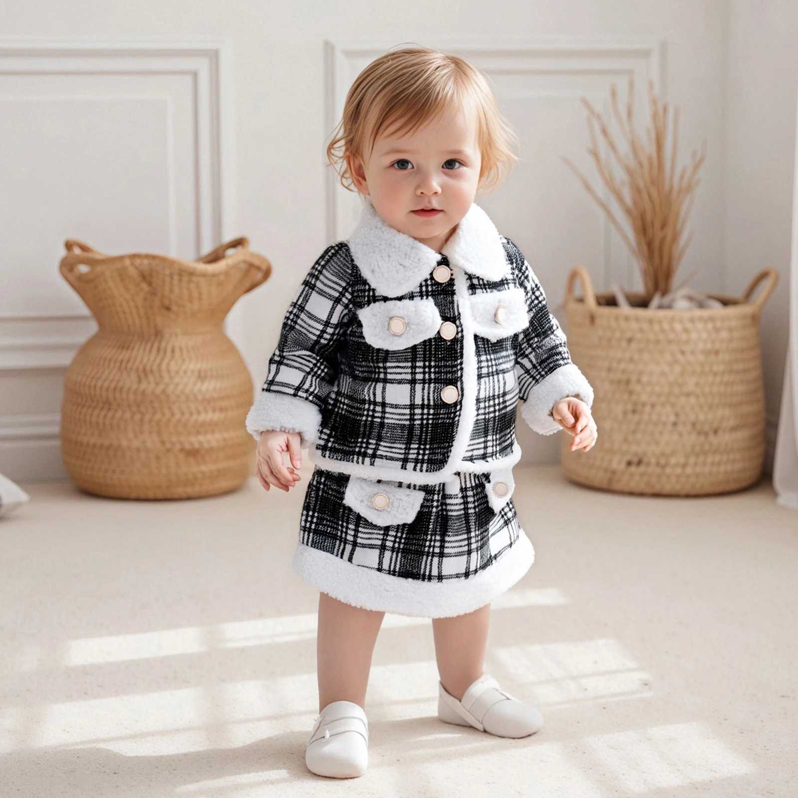 Autumn Toddler Clothes Baby Girls Plaid Long Sleeve Lapel Coat with Elastic Waist Skirt Clothing Set 2Pcs Outfit L250926PY4X