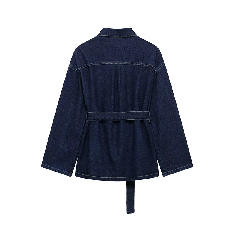 Willshela Women Fashion With Belt Denim Blue Single Breasted Jackets Vintage Lapel Neck Long Sleeves Female Chic Lady Outfits 250811m