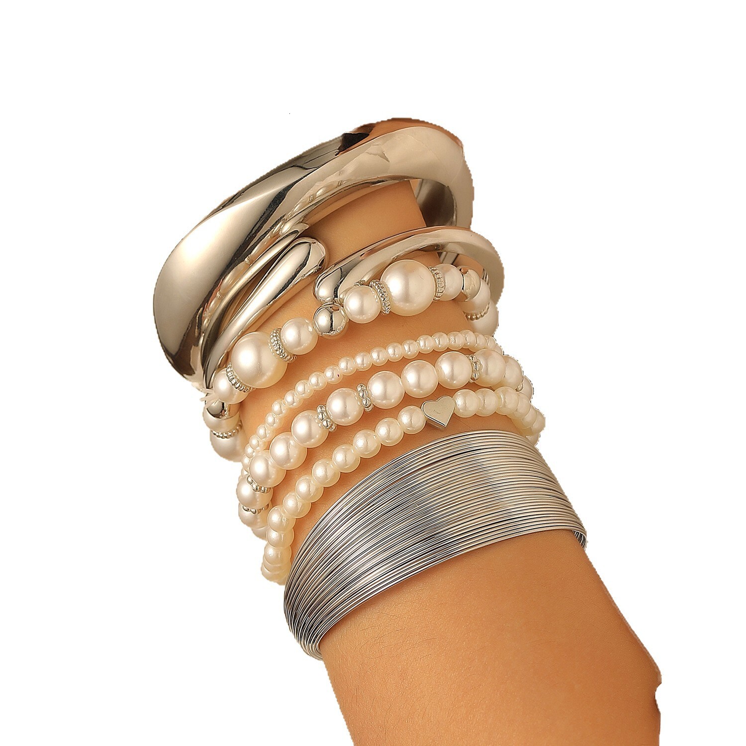 Exaggerated Pearl Layered Set For Women Open Bracelet Beaded Jewelry Bracelets