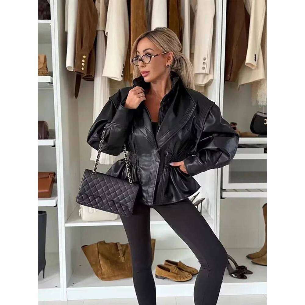 Fashion Solid Faux Leather Jacket Women Turn-Down Collar Zipper Front Puffy Sleeves Stylish Coat 2025 Female Winter Outerwear