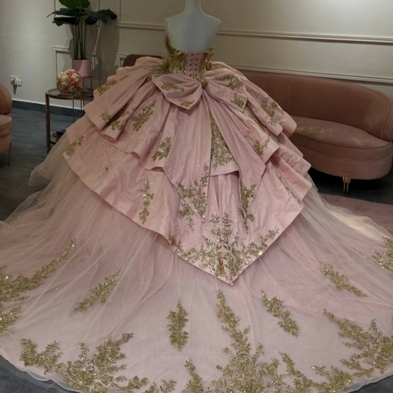 Pink Shiny Quinceanera Dresses Off The Shoulder Gold Applique Lace Beads Bow Corset Tull Party Birthday Sweet 16 Dress Vestidos 15 De Anos