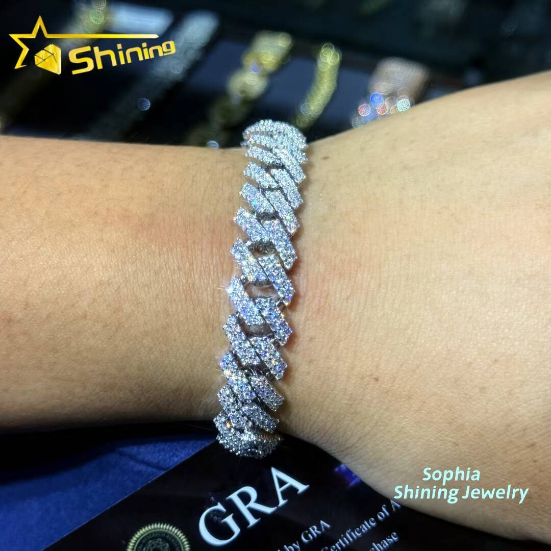 New Stocks 12mm 925 Silver Cuban Link Chain Hip Hop Jewelry Men Iced Out Moissanite Diamond Cuban Bracelet