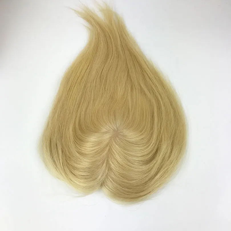 Short #613 Light Blonde Human Hair Topper with Clips in Hairpiece Skin Scalp Silk Top Closure Virgin Hair piece for Women with thinning hair cover gra
