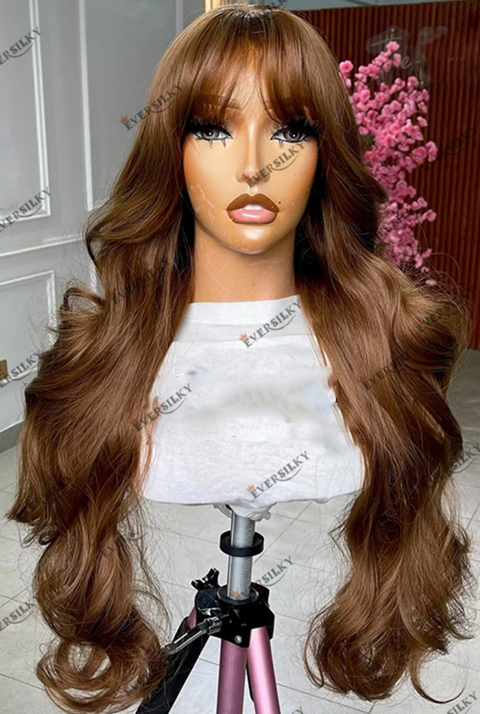 New Hot Fringe style full HD Chestnut Brown Remy Brazilian Wigs for Black Women Lace Front Wig with Bangs Wavy