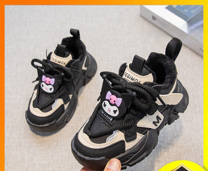 Girls' new winter children's sports cotton shoes, big children's wool lining, black rice dad shoes, girls' hot fashion designer sh