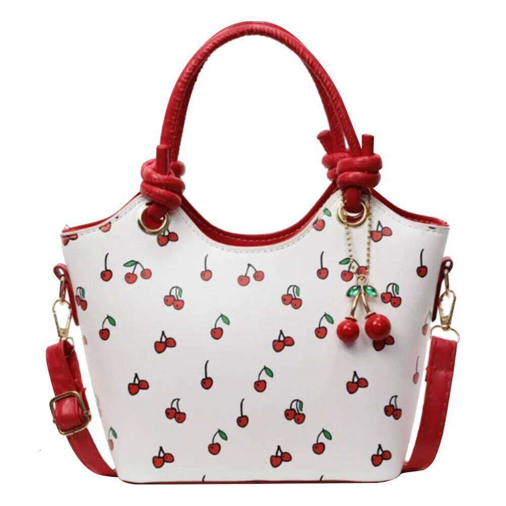 PU Leather Bucket Fashion Shoulder for Women Ladies Cherry Printed Crossbody Trendy Top-handle Bag with Adjustable Strap
