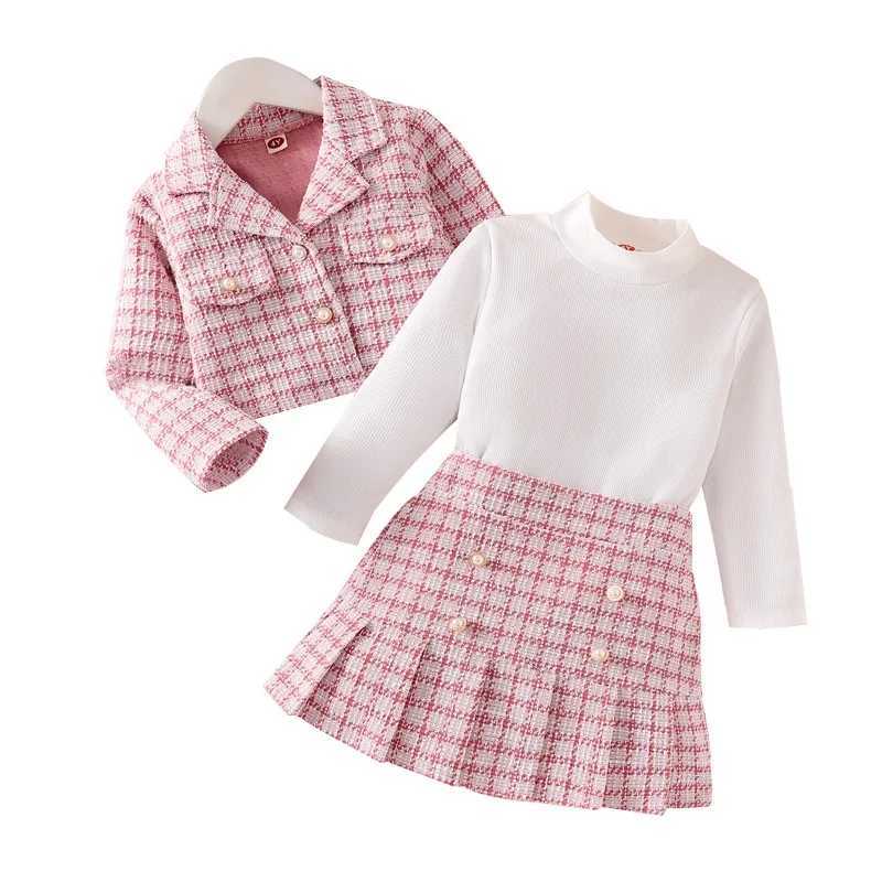 Children Toddler Kit Girls Small Fragrance Pink Plaid Suit Tweed Plaid Jacket Round Neck Pure Top Pleated Skirt Threepiece Set L250926VOAH