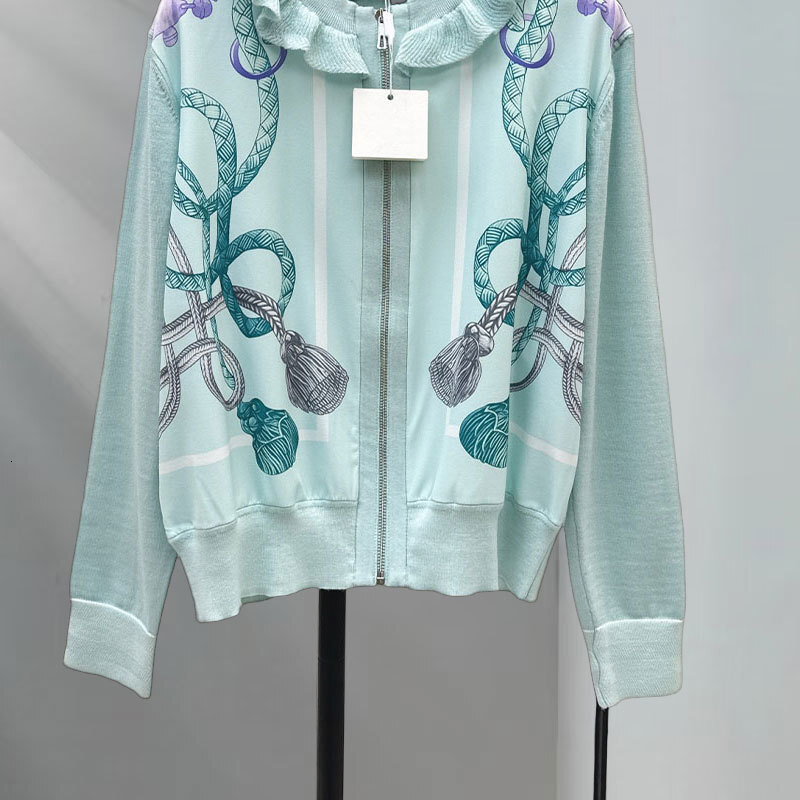 Luxury Designer Women's Rope Print Patchwork Wool Knit Cardigan Autumn Winter New Ruffle Trim Round Neck Zip Up H-Line Sweater Two Colors High Qu