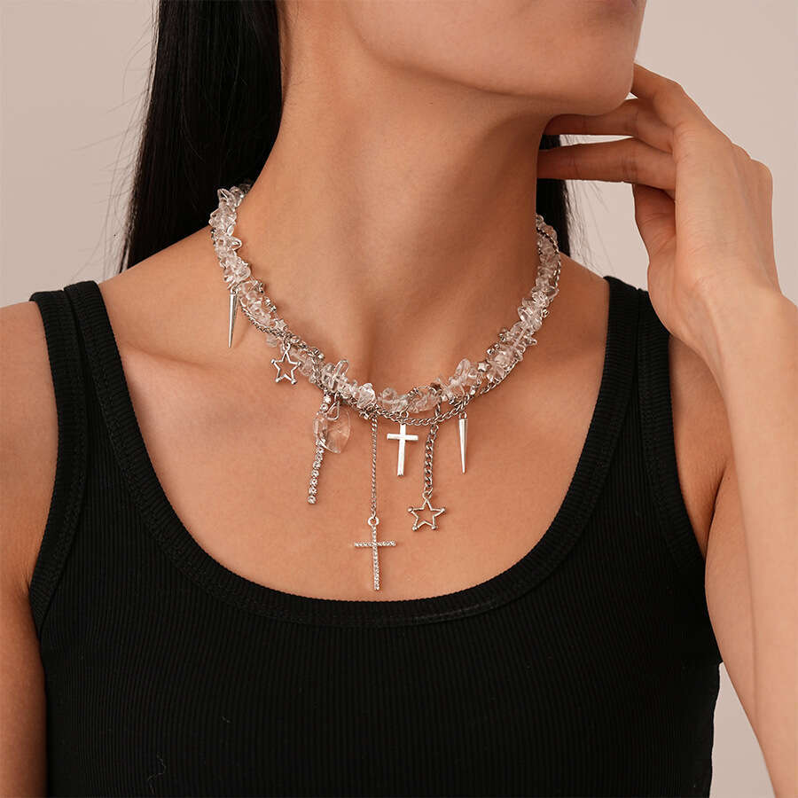 Collarbone Necklace Star Inlaid Dia Cross Heart Artificial Stone Personality Niche Elegant High-end Collarbone Necklace for Women