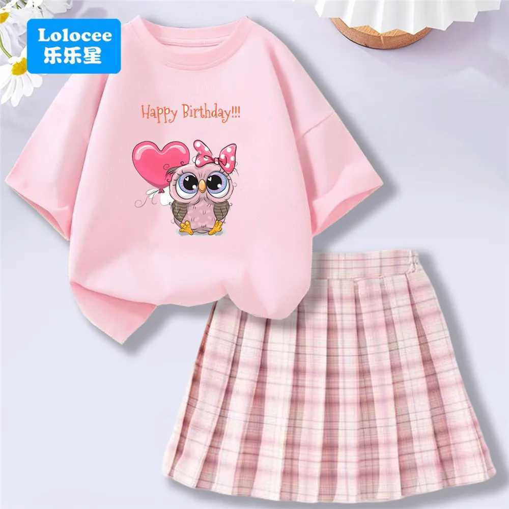 Cute Owl Birthday Girls Set Summer Short Sleeve Tee with Heart Balloon Plaid Skirt 2 pcs Outfit Perfect for Party Suits L250926UXOX