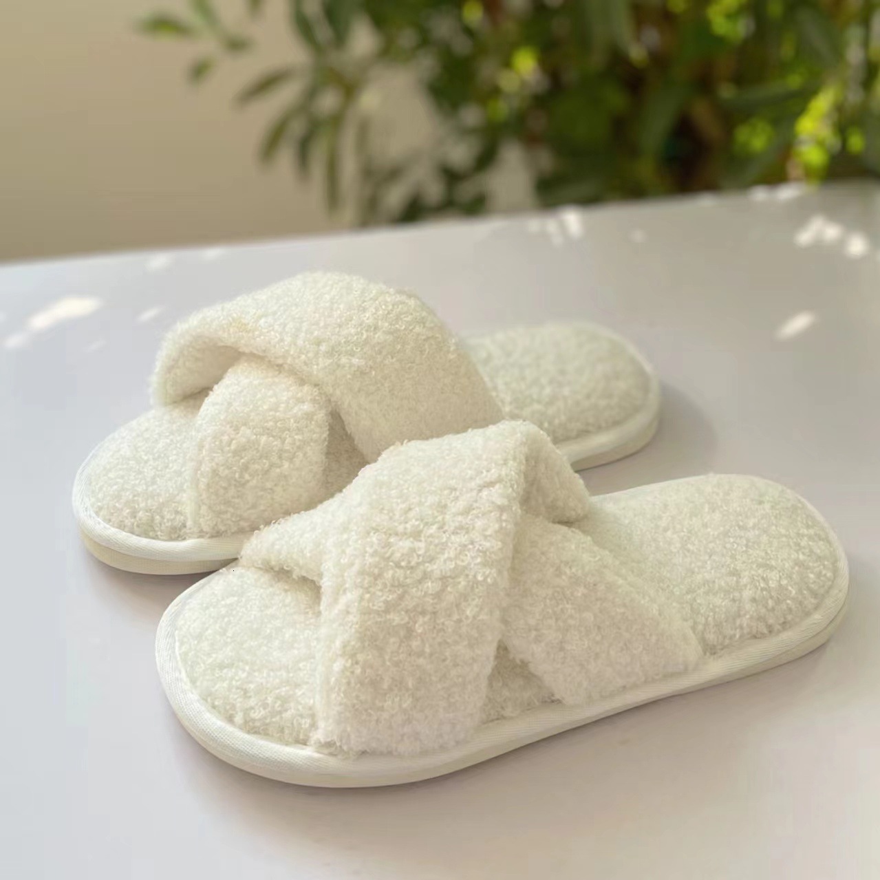 Cross Strap Cotton Wool Home Comfortable Plush Slippers ddmymarket
