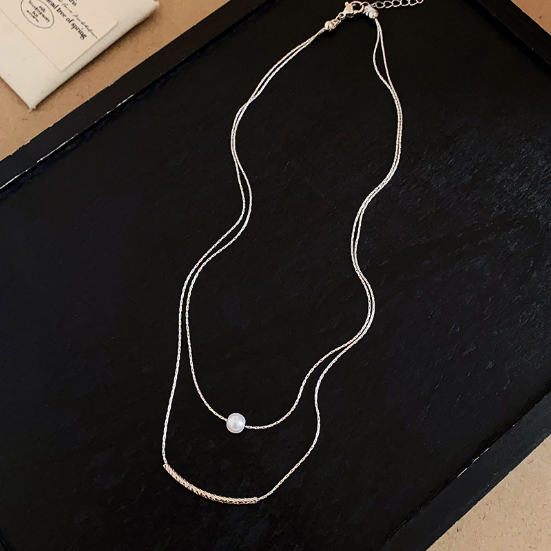 Silver - Toned Double - Layered Chain Necklace With Single Pearl Accent Delicate Daily & Minimalist Jewelry Gift For Her High - Quality And Elegant Ac