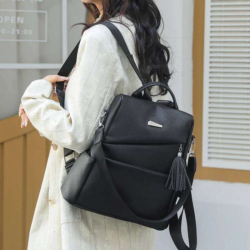Fashion Womens PU Anti-theft Backpack Tassel Decorative Casual Travel Female Shoulder Bag Large Capacity Student School Pack