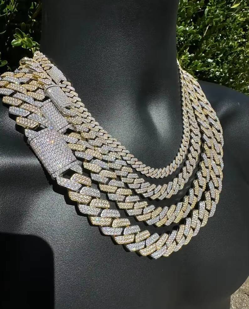 Two Tone Rapper Style Hip Hop Necklace S925 8mm 12mm 16mm Moissanite Diamond 2 Row Prong Setting Miami Cuban Link Chain